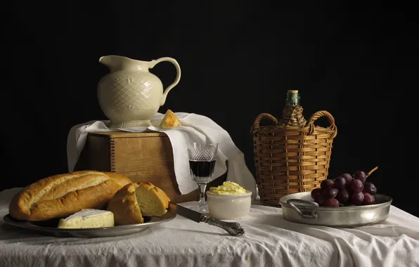 Picture wine, oil, cheese, bread, grapes, pitcher, still life
