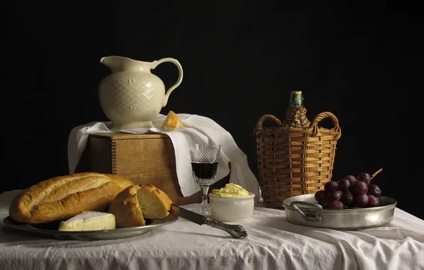 Wine, oil, cheese, bread, grapes, pitcher, still life