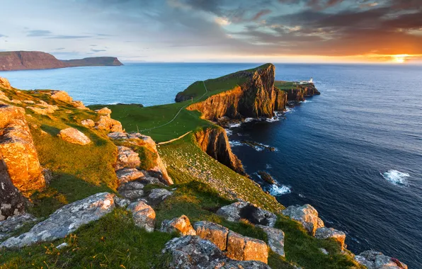 Sea, the sky, sunset, stones, rocks, coast, lighthouse, Scotland