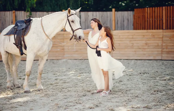 White, girl, horse, horse, girl, two girls, white dress, communication