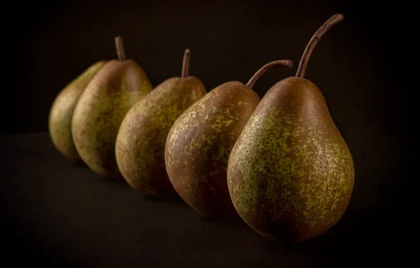 Food, green, a number, fruit, black background, still life, pear, composition