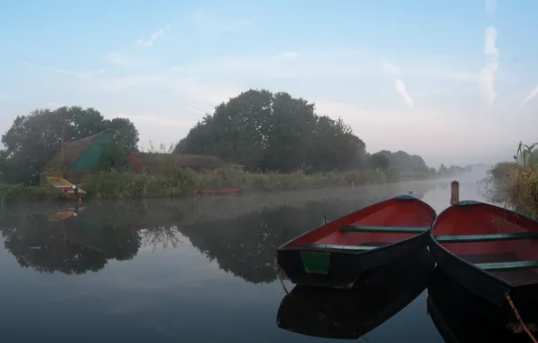 Fog, river, Boats