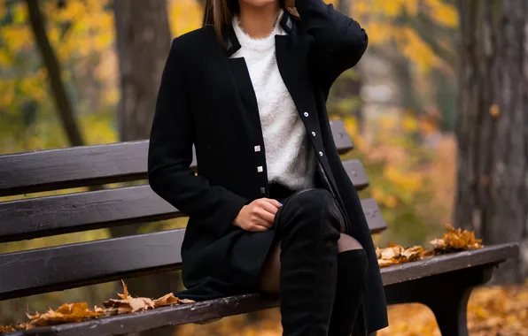 Autumn, Bench, Leaves, Boots, Sitting, Magda, Coat