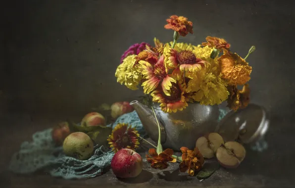 Drops, flowers, table, apples, bouquet, yellow, kettle, still life