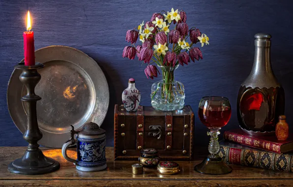 Picture flowers, glass, books, candle, mug, vase, drink, still life