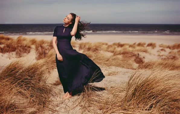 Sand, summer, girl, pose, the wind, dress