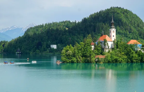 Forest, trees, mountains, lake, island, boats, Church, Slovenia