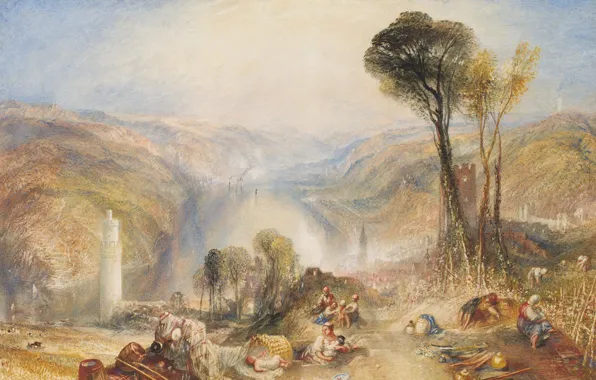 Landscape, mountains, people, tower, picture, William Turner, Oberwesel