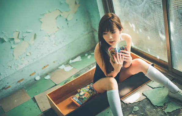 Picture long hair, model, women, brunette, asian, sitting, bangs, looking away