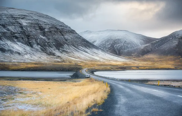 Road, the sky, grass, clouds, snow, mountains, lake, dam