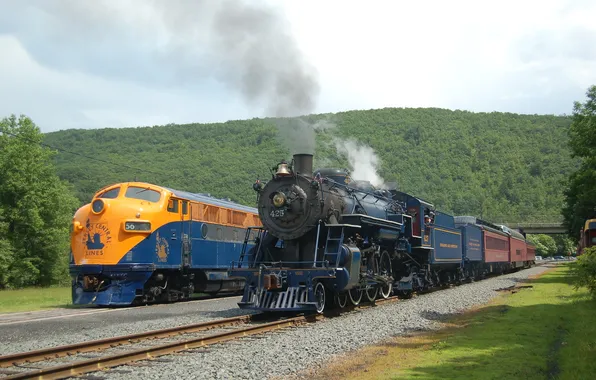 Greens, Road, Trees, The engine, Train, Hills, Iron, Rails