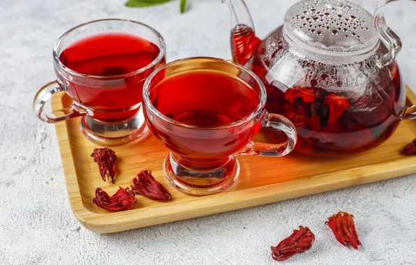 Flowers, red, tea, petals, kettle, Cup, karkade