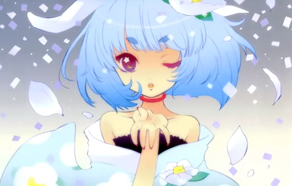 Petals, Girl, gesture, blue hair, wink, Camellia