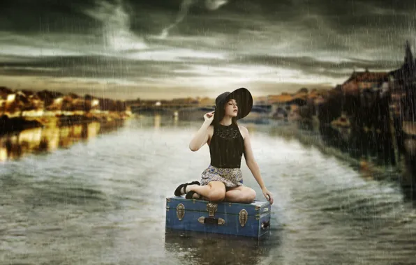 Girl, rain, suitcase