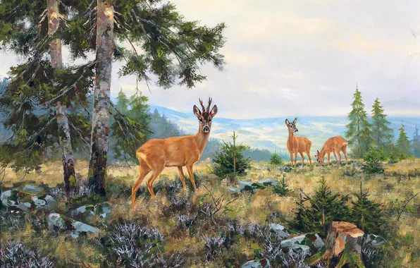 Picture Grass, Trees, Picture, Stump, Deer, Austrian artist, Erich Dichtl, Erich Dichtl