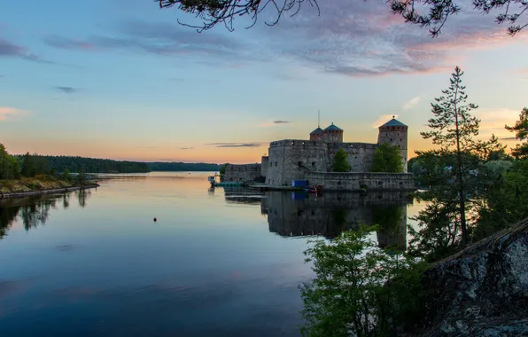 Forest, trees, sunset, river, shore, the evening, fortress, Finland