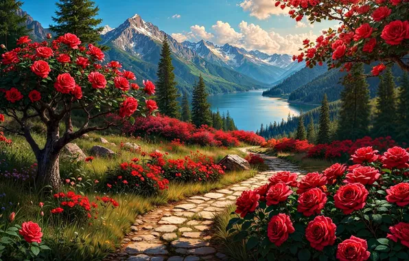 Summer, trees, landscape, flowers, mountains, lake, tops, roses