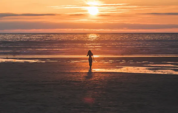 Picture girl, beach, sea, landscape, sunset