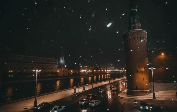 Winter, snow, bridge, river, Moscow, Blizzard, red square, Moscow river