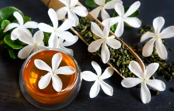 Flowers, drink, Jasmine, bowl, green tea
