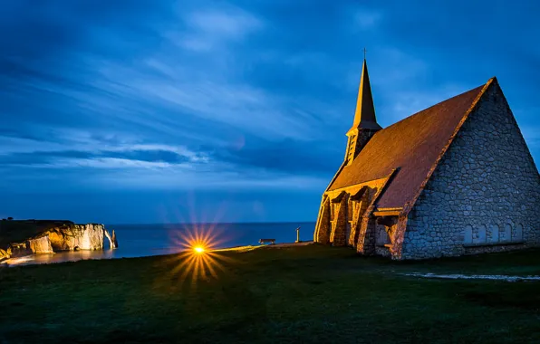 Sea, lights, blue, rocks, shore, Church, twilight