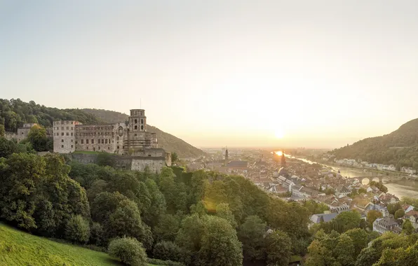 Picture the city, river, castle, dawn, Heidelberg