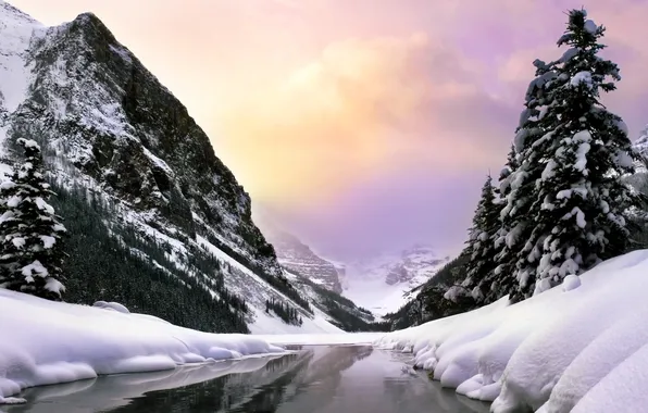 Cold, winter, forest, water, clouds, snow, trees, mountains