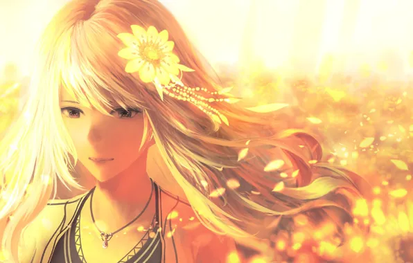 Picture summer, face, the wind, petals, girl, suspension, flower in hair, Golden hair