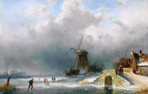 Clouds, Mill, People, Picture, Ice, Charles Leickert, Charles Henri Joseph Leikert, Charles Henri Joseph Leickert