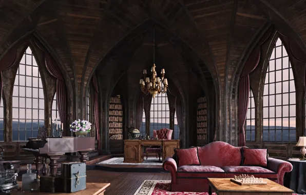Picture castle, Desk, interior, piano, library, living room, Art Station, Gothic style