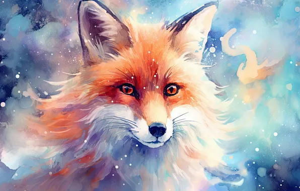 Winter, look, snow, divorce, watercolor, Fox, red, painting