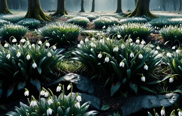 Forest, trees, flowers, nature, fog, glade, spring, snowdrops