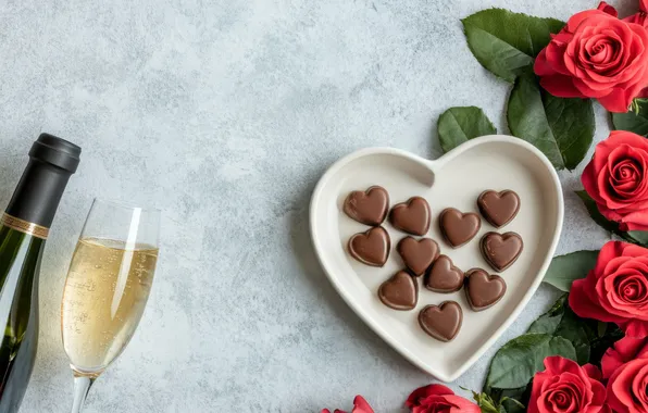 Love, flowers, holiday, wine, heart, glass, bottle, roses