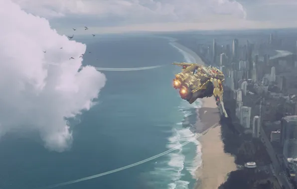 Sea, The city, Shore, City, Fantasy, Art, Art, Spaceship