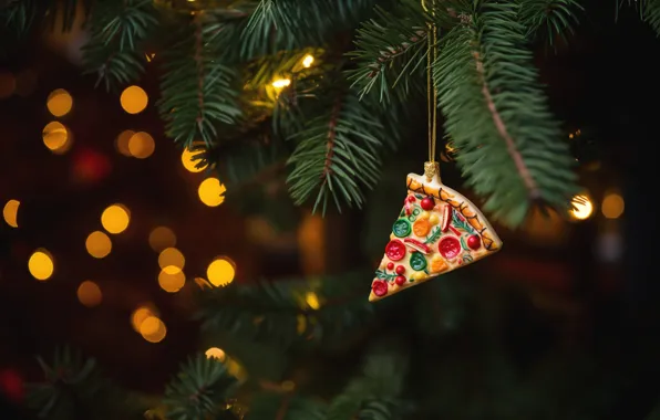 Branches, lights, the dark background, holiday, toy, Christmas, New year, needles