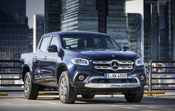 Picture blue, the city, Mercedes-Benz, the fence, Parking, pickup, 2017, X-Class