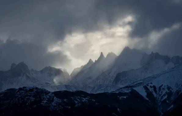 Picture winter, the sky, clouds, snow, trees, mountains, clouds, nature