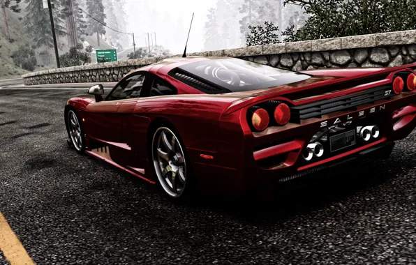 Road, forest, mountains, red, fog, the fence, post, Saleen
