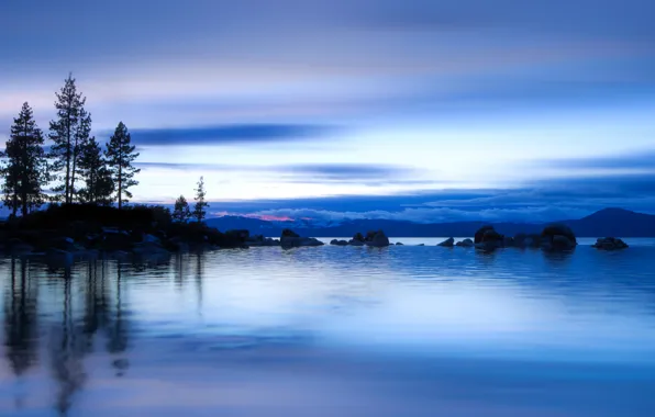 Picture the sky, water, clouds, trees, lake, surface, reflection, blue