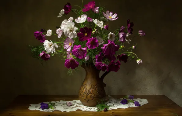 Picture flowers, table, pitcher, napkin, kosmeya, Tatiana Fedenkova