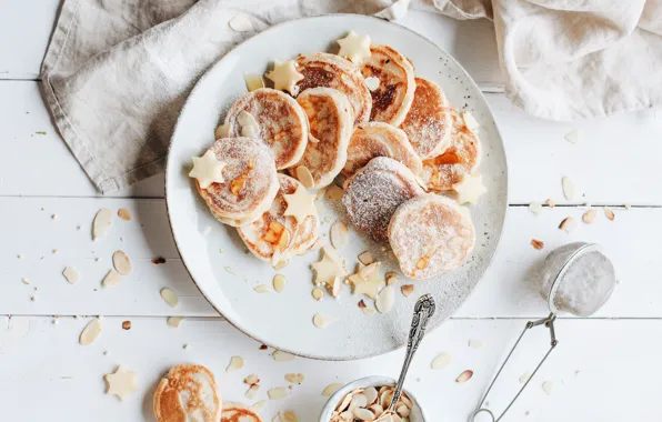 Breakfast, wood, cakes, powdered sugar, pancakes