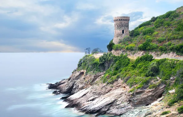 Sea, the sky, clouds, castle, rocks, shore, vegetation, tower