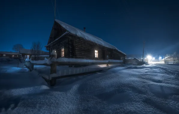 Winter, snow, landscape, night, nature, village, home, lights