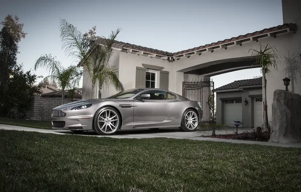 Picture the sky, lawn, Aston Martin, DBS, gate, silver, side view, Aston Martin