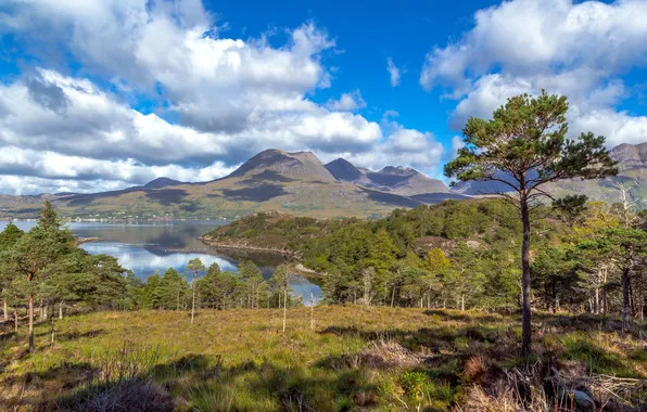 Picture clouds, trees, mountains, shore, Bay, Scotland, Bay, Upper Loch Torridon
