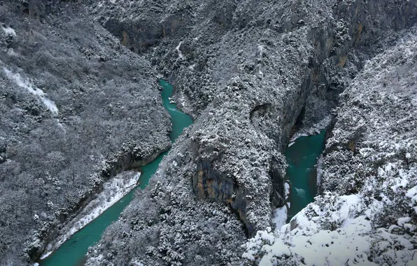 Picture snow, mountains, lake, river, rocks, France, Reserve Verdon