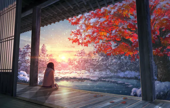 Autumn, girl, tree, anime, art