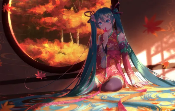 Vocaloid, Hatsune Miku, games, blue eyes, tattoo, window, kimono, games girl