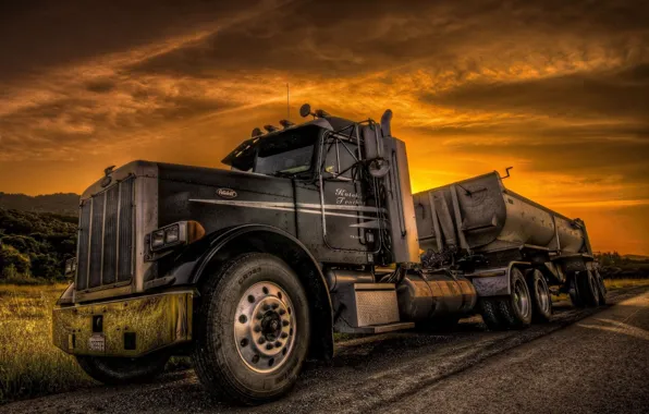 Picture HDR, sky, truck, sunlight, Peterbilt, vehicle, outdoors, Black Trucks