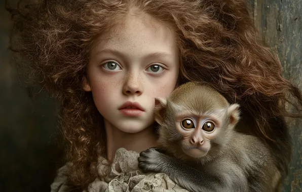 Look, face, pose, wall, portrait, monkey, girl, freckles